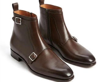 Handmade Brown Leather Double Monk Boots: Cap Toe Dress Boots For Men Personalised Gift