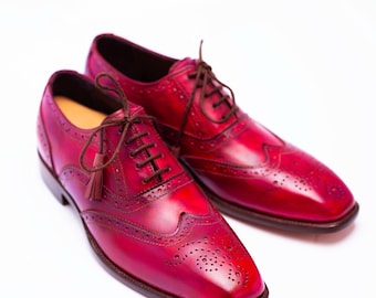 Handmade Leather Wingtip Oxford Dress Shoes: Red Brogue Shoes For Men Personalised Gift