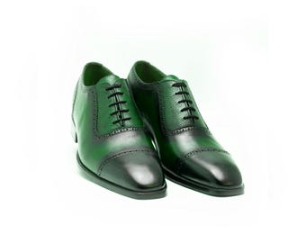 Handmade Green Leather Cap Toe Oxford Dress Shoes For Men Personalised Gift