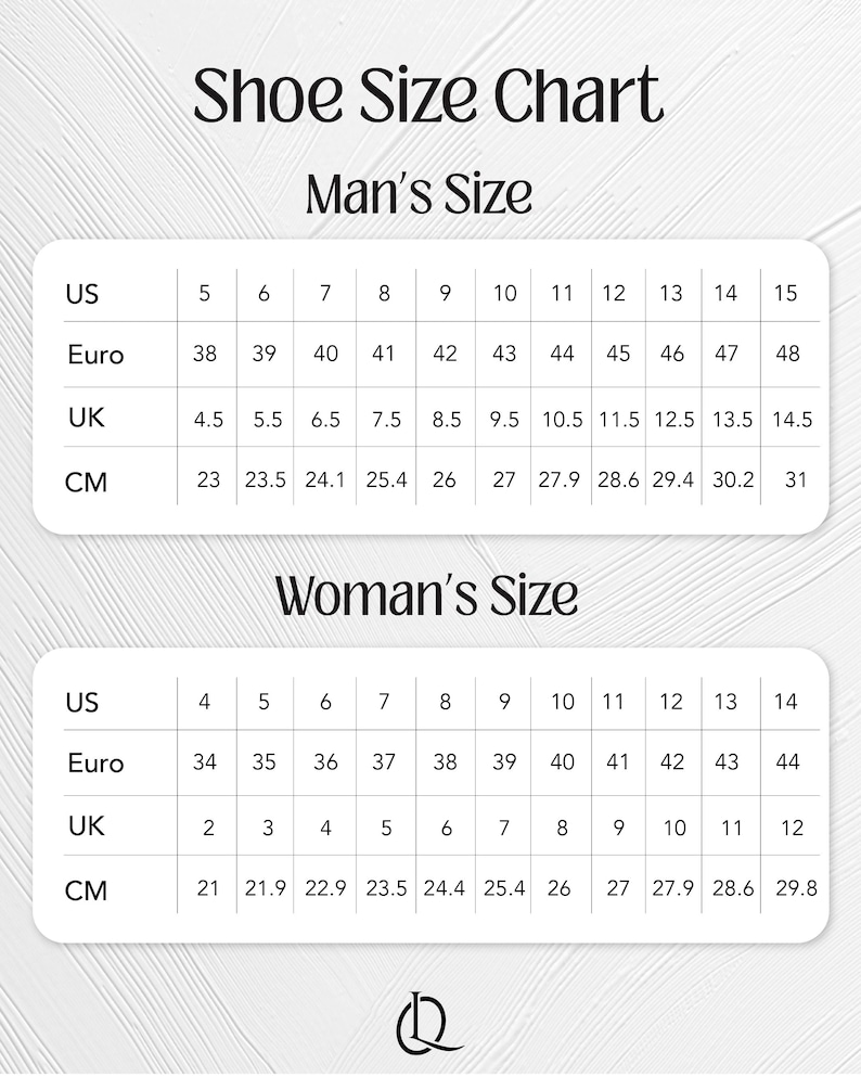 May include: A shoe size chart with sizes for men and women. The chart includes US, Euro, UK, and CM measurements. The men's sizes range from US size 5 to 15, and the women's sizes range from US size 4 to 14.