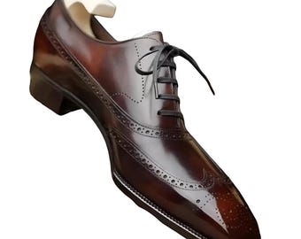Handmade Brown Genuine Leather Wingtip Oxford Lace Up Dress Office Shoes For Men Personalised Gift