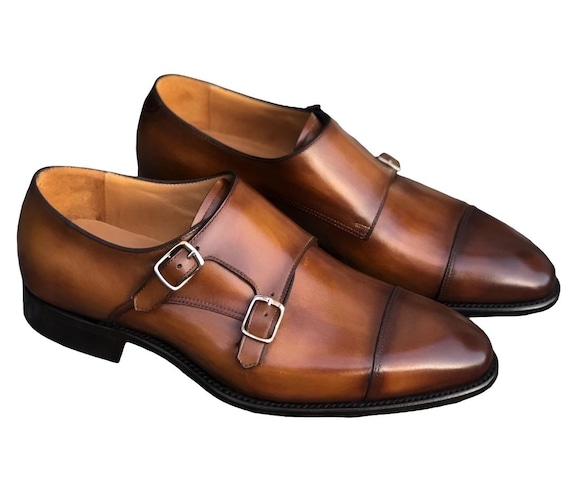handmade leather mens dress shoes Men's Tan and Black Cap-Toe Leather Monk Strap Shoes Slater Rebels Market