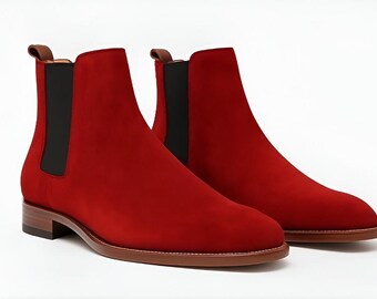 Botines Chelsea de ante rojo hechos a mano, puntera formal, construcción Goodyear Welted.