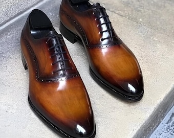 Handmade Tan Calf Leather Oxford Shoes: Bespoke Wholecut Lace Up For Men Personalised Gift