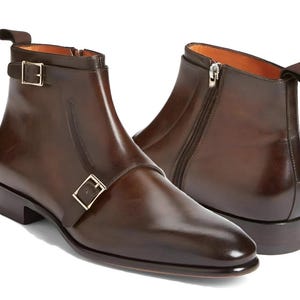 New Handmade Brown Double Monk Zipper Leather Dress Wedding Office Boots For Men, Formal Cap Toe Boots, Office Boots For Men, Gift For Him