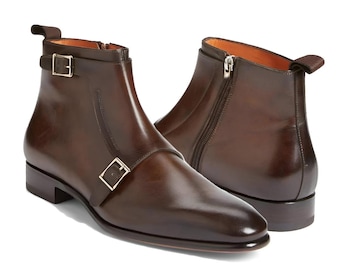 Handmade Brown Leather Double Monk Boots: Cap Toe Dress Boots For Men Personalised Gift