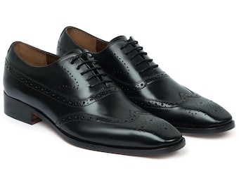 Handmade Black Leather Wingtip Brogue Oxford Dress Shoes for Men