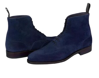 Handmade Suede Wingtip Boots: Navy Blue Leather Oxford Dress Boots