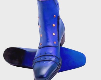 Handmade Blue Leather Ankle Boots: Cap Toe Zipper, Men's Dress