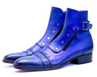 Handmade Genuine Leather Blue Ankle Boots: Side Zipper Dress Boots For Men Personalised Gift
