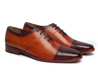 Handmade Leather Cap Toe Oxford Shoes: Tan & Brown, Goodyear Welted