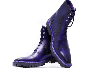 Handmade Blue Leather Dress Boots: Men's Cap Toe Ankle Footwear