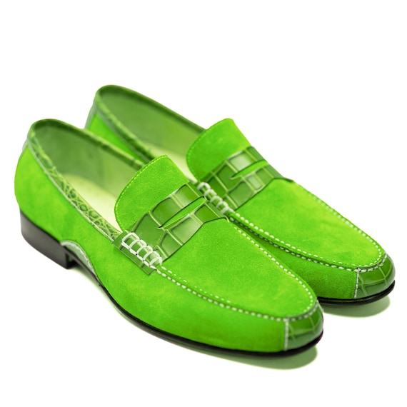 Handmade Suede Leather Green Moccasins: Men's Slip-On Dress Loafers For Men Personalised Gift