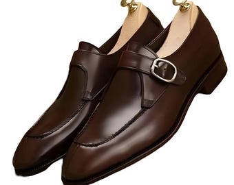 Handmade Single Monk Strap Genuine Leather Brown Office Dress Shoes For Men Personalised Gift