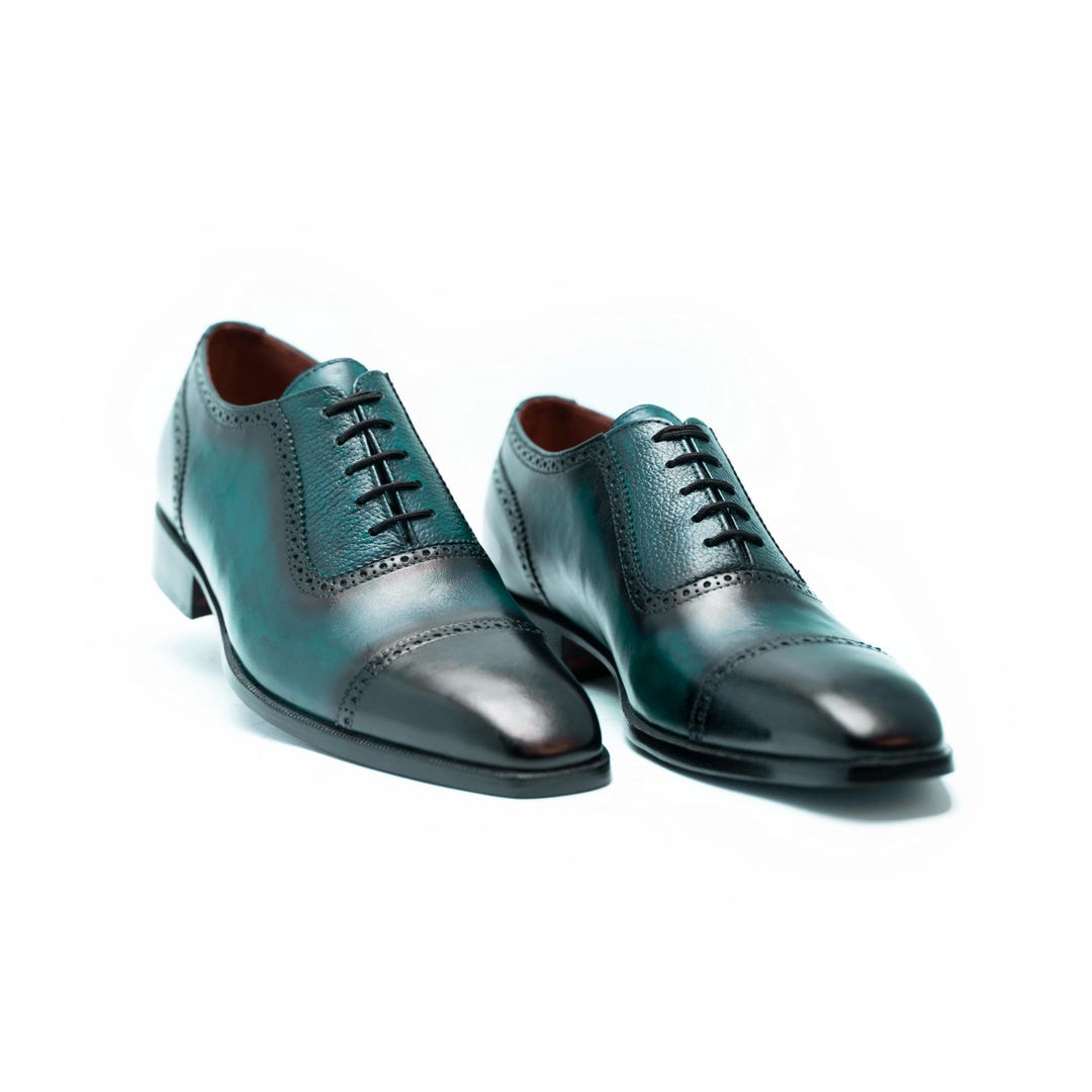 Handmade Aqua Green Leather Oxford Shoes: Cap Toe Dress Shoes For Men Personalised Gift Handmade Aqua Green Leather Oxford Shoes: Cap Toe Dress Shoes For Men Personalised Gift