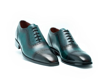 Handmade Aqua Green Leather Oxford Shoes: Cap Toe Dress Shoes For Men Personalised Gift