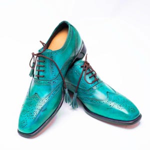 Handmade Leather Oxford Dress Shoes: Aqua Green Wingtip Brogue For Men Personalised Gift