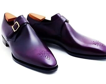 Chaussures à boucle en cuir violettes faites main : chaussures habillées oxford formelles pour homme, cadeau personnalisé