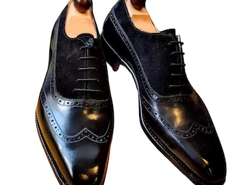 Handmade Black Leather Suede Wingtip Oxford Dress Shoes For Men