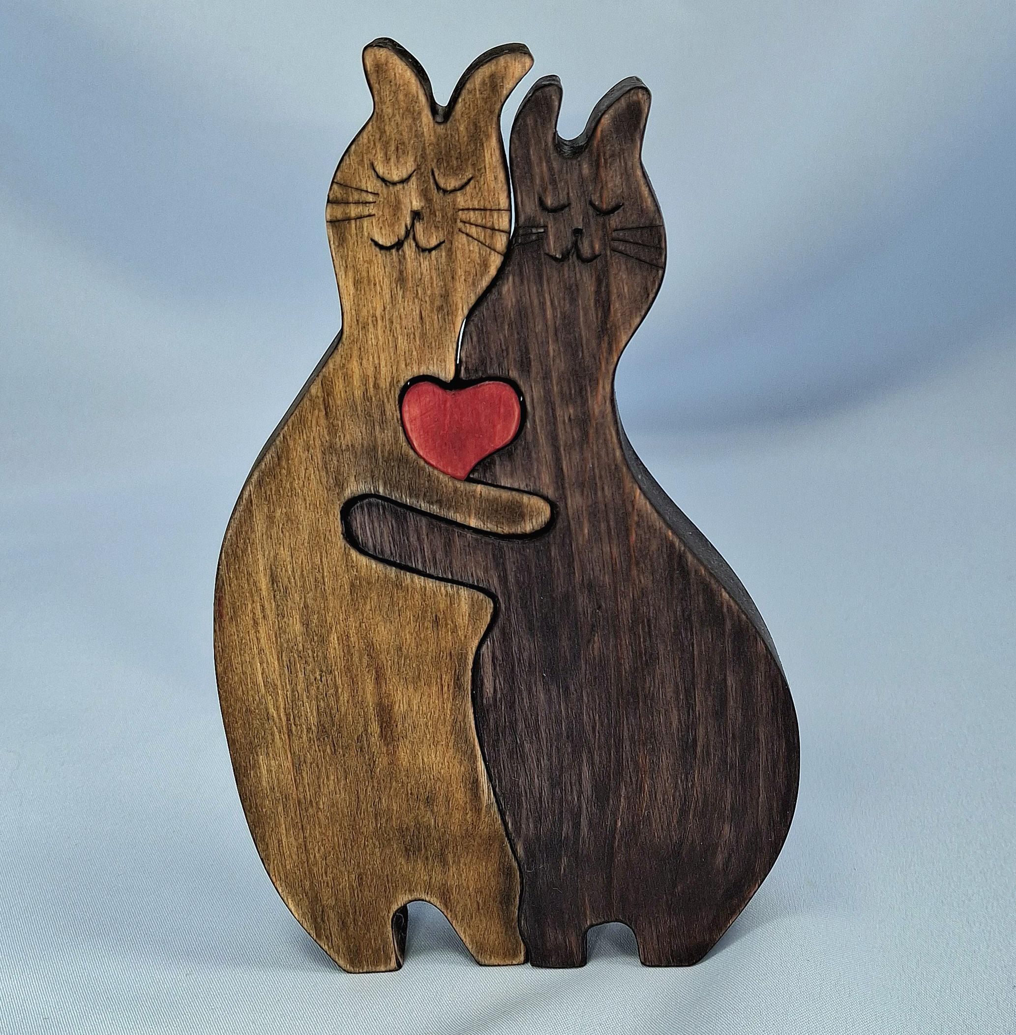Wooden Cat Figurine, Hand Painted Wood Sculpture, Cat Lover Gift — image 4