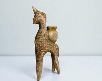 手作りの木製キャンドルホルダー - 手彫りのニレ材の置物：ユニコーンと馬に乗った少女
