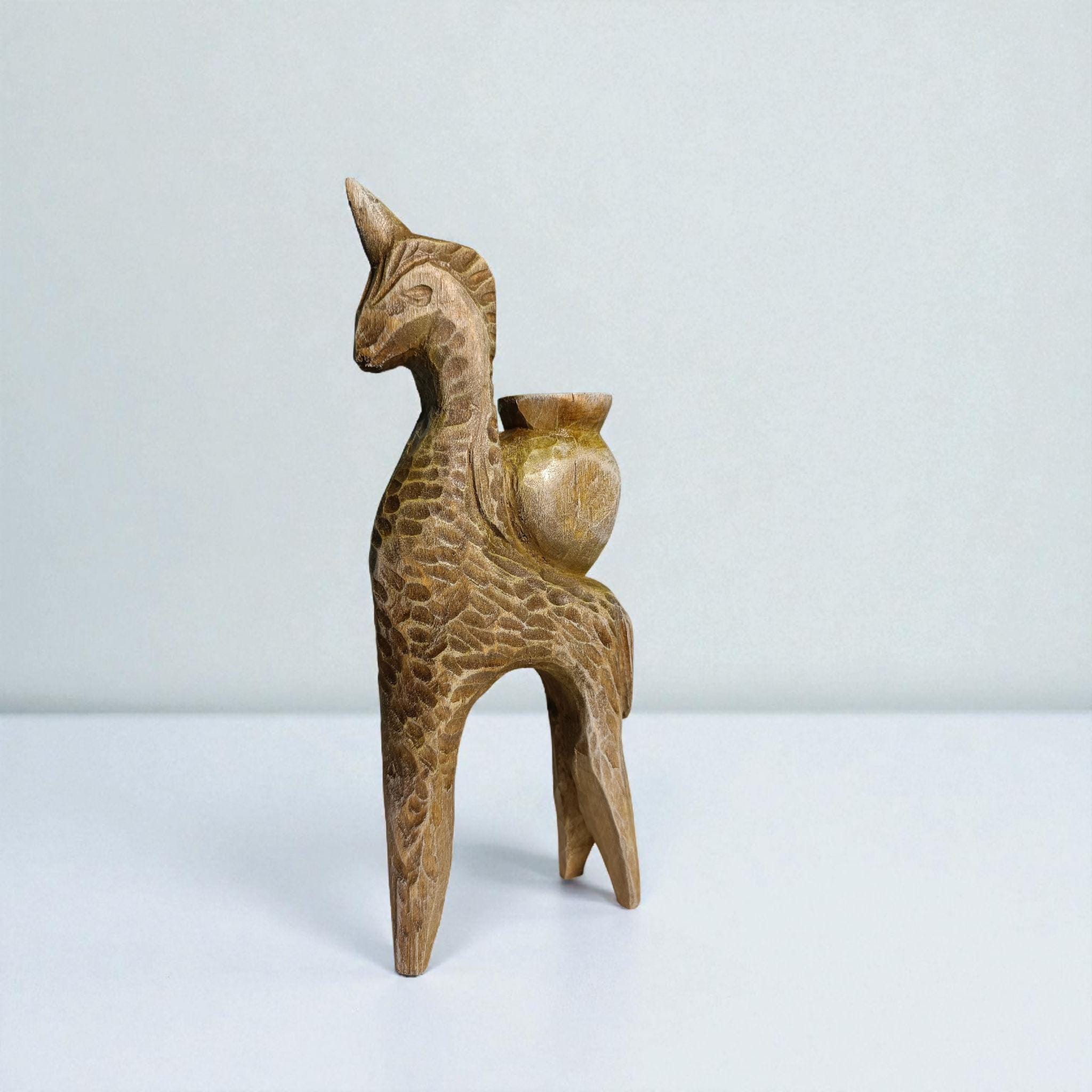 Handmade Wooden Candle Holders - Hand Carved Elm Wood Figurines: Unicorn and girl on a horse