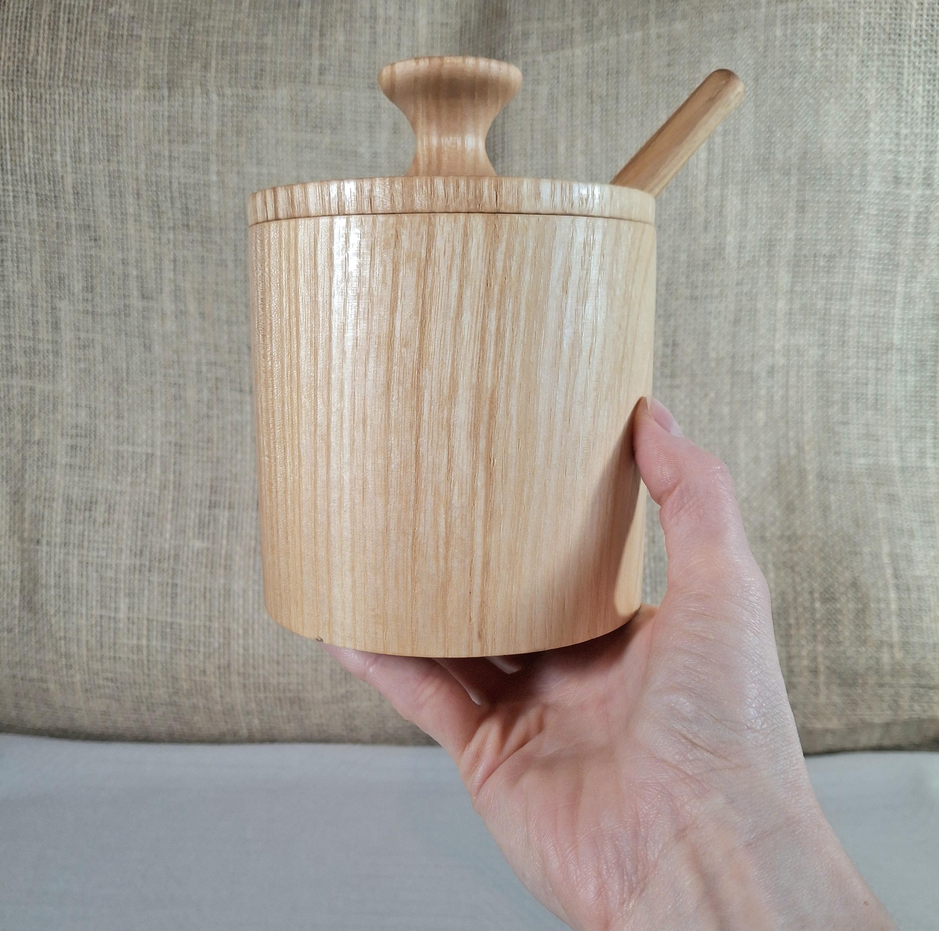 Handmade Wood Spice Jar with Lid and Spoon, Ash Wood Sugar Bowl, Salt Cellars — image 5