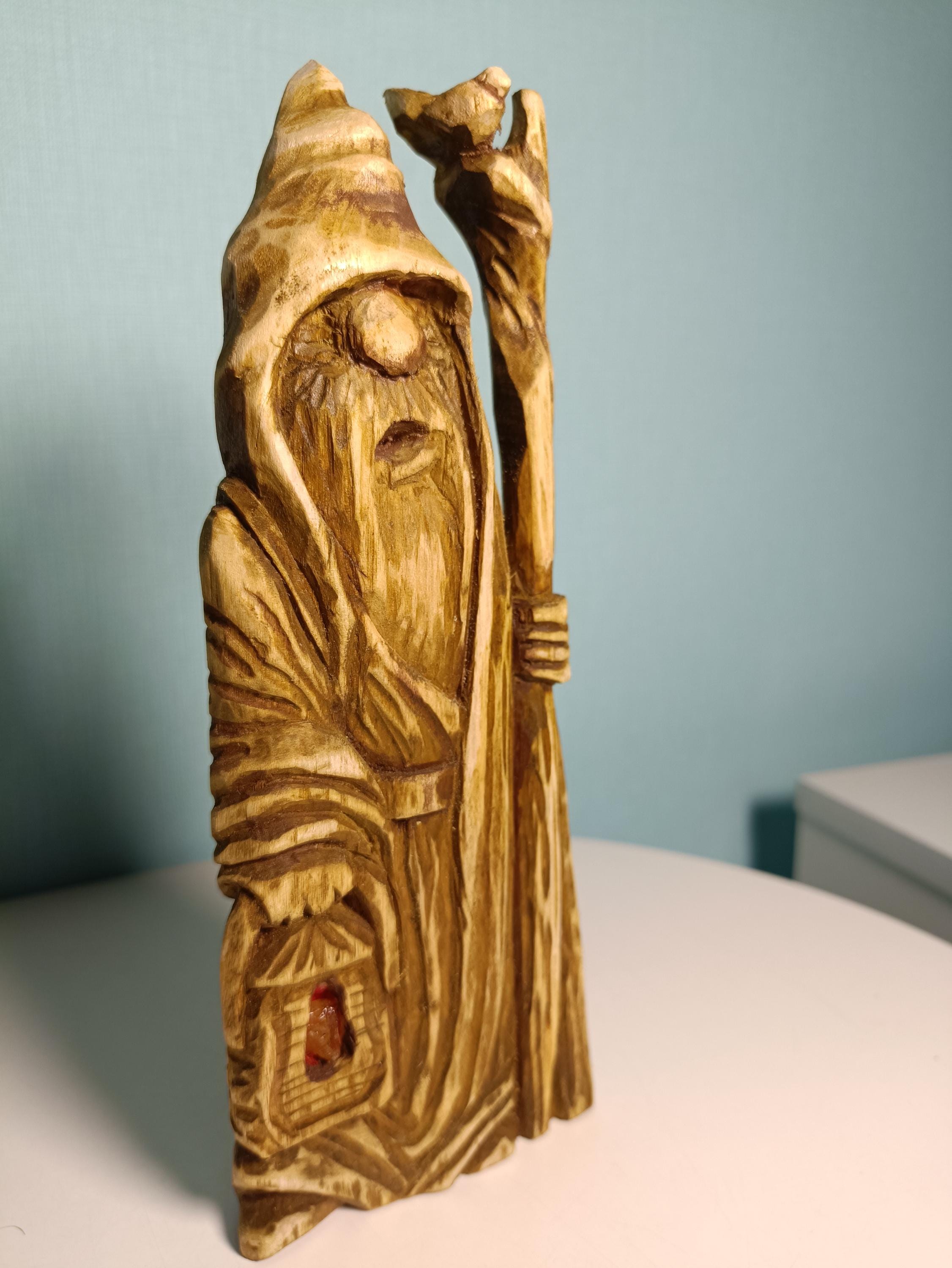 Hand Carved Oak Wood Figurines with Stone Inlay - Shelf Decor 21cm.(8.6in.) — image 4