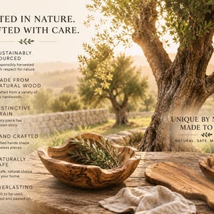 Op de afbeelding: Een houten kom met een natuurlijk nerfpatroon met olijftakken, een houten serveerplank en een kleinere houten kom met noten. De tekst op de afbeelding luidt: ROOTED IN NATURE. CRAFTED WITH CARE. UNIQUE BY NATURE. MADE TO LAST. NATURAL. SAFE. MEANINGFUL.