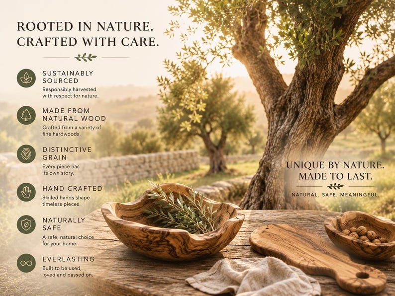 Op de afbeelding: Een houten kom met een natuurlijk nerfpatroon met olijftakken, een houten serveerplank en een kleinere houten kom met noten. De tekst op de afbeelding luidt: ROOTED IN NATURE. CRAFTED WITH CARE. UNIQUE BY NATURE. MADE TO LAST. NATURAL. SAFE. MEANINGFUL.