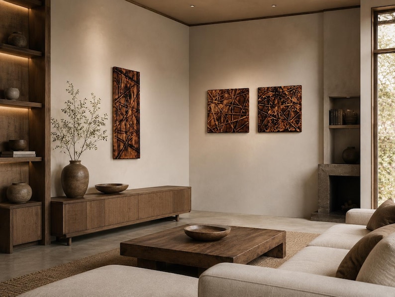 May include: A contemporary living room in neutral shades. It features a wooden coffee table, a long wooden cabinet, and a beige sofa. The walls display textured brown artwork. A large vase with branches sits on the cabinet, enhancing the room's aesthetic.