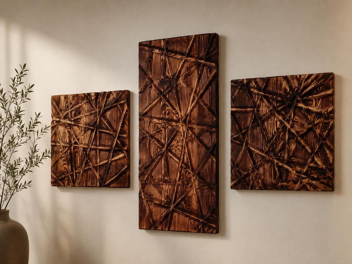 Wood Wall Art, Handmade Wall Hanging Decor, Hand-Carved Pine Panels (Set of 3) — image 3