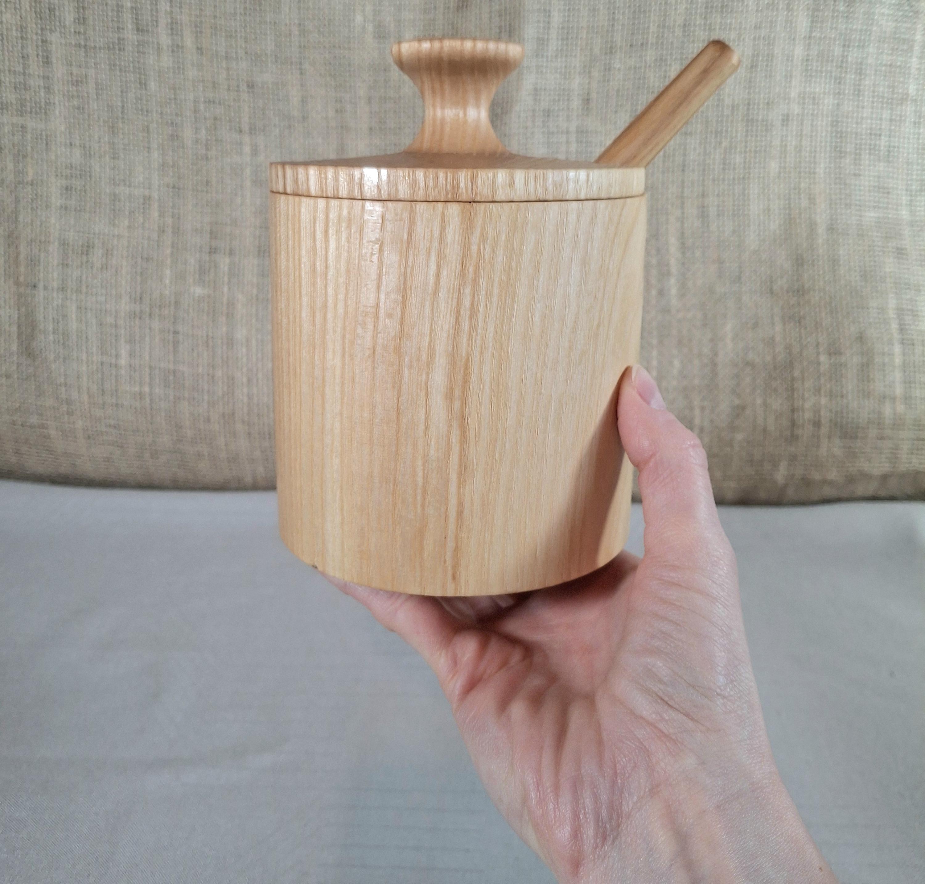 Handmade Wood Spice Jar with Lid and Spoon, Ash Wood Sugar Bowl, Salt Cellars — image 3