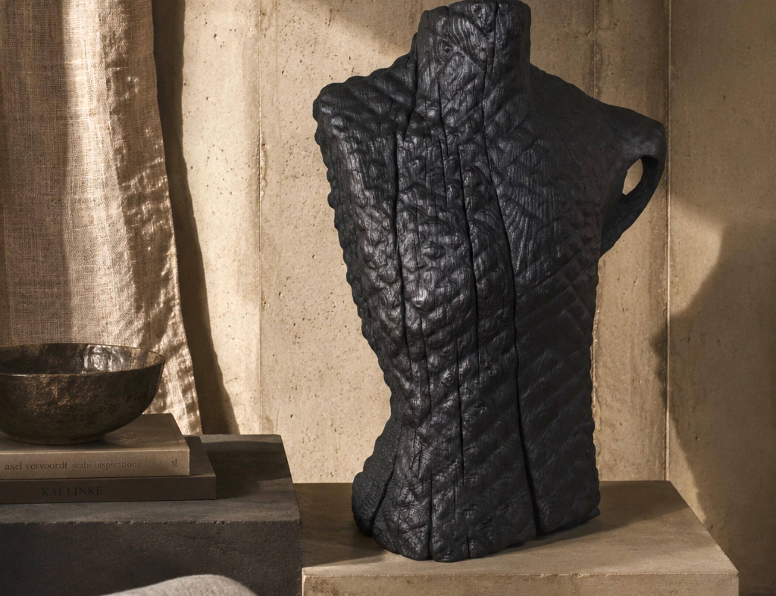 Wooden Abstract Oak Torso Sculpture, Blackened Wood Art, Brutalist Wabi Sabi Decor — image 2