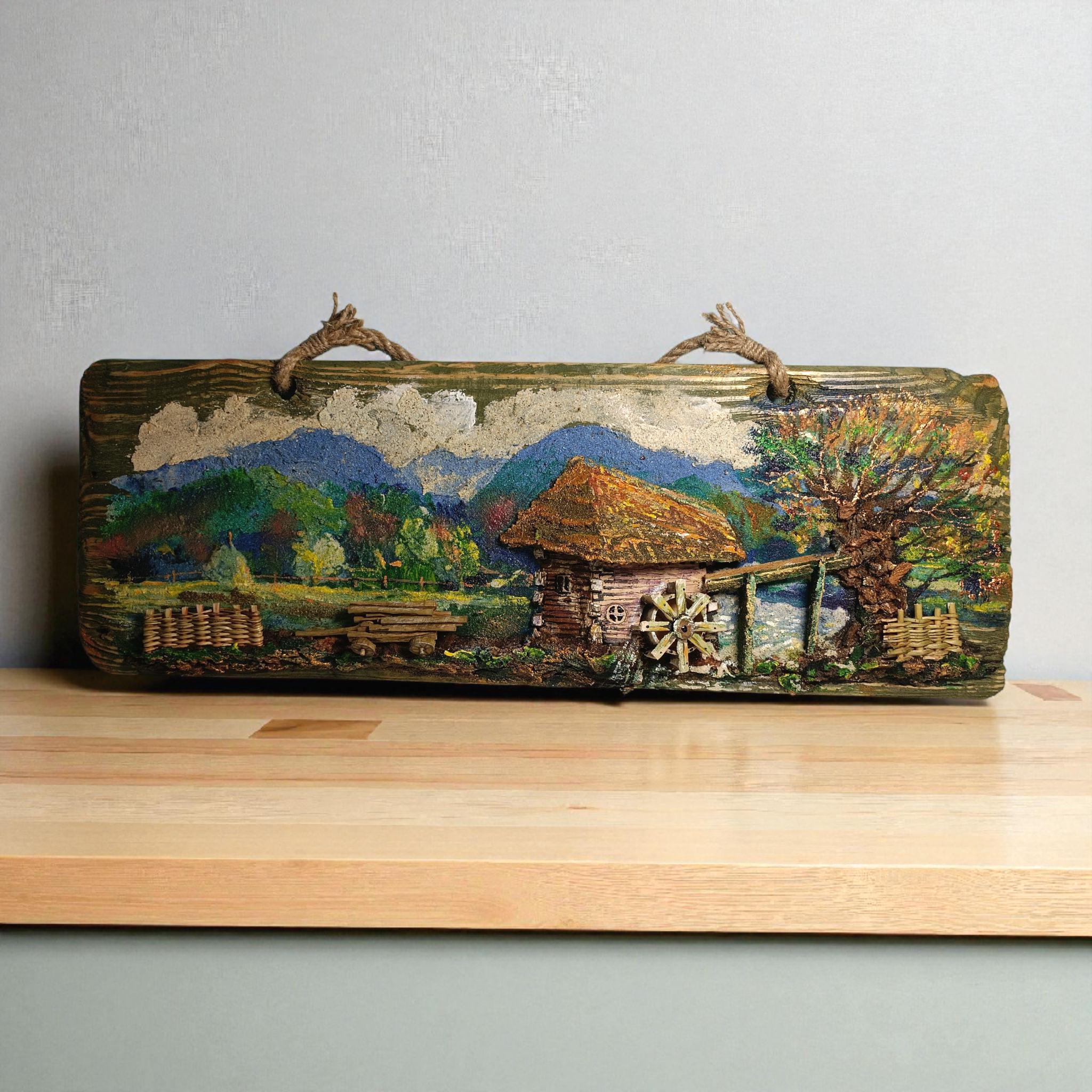 Rustic Countryside Landscape Wood Wall Art, Handmade 3D Wooden Wall Decor — image 3