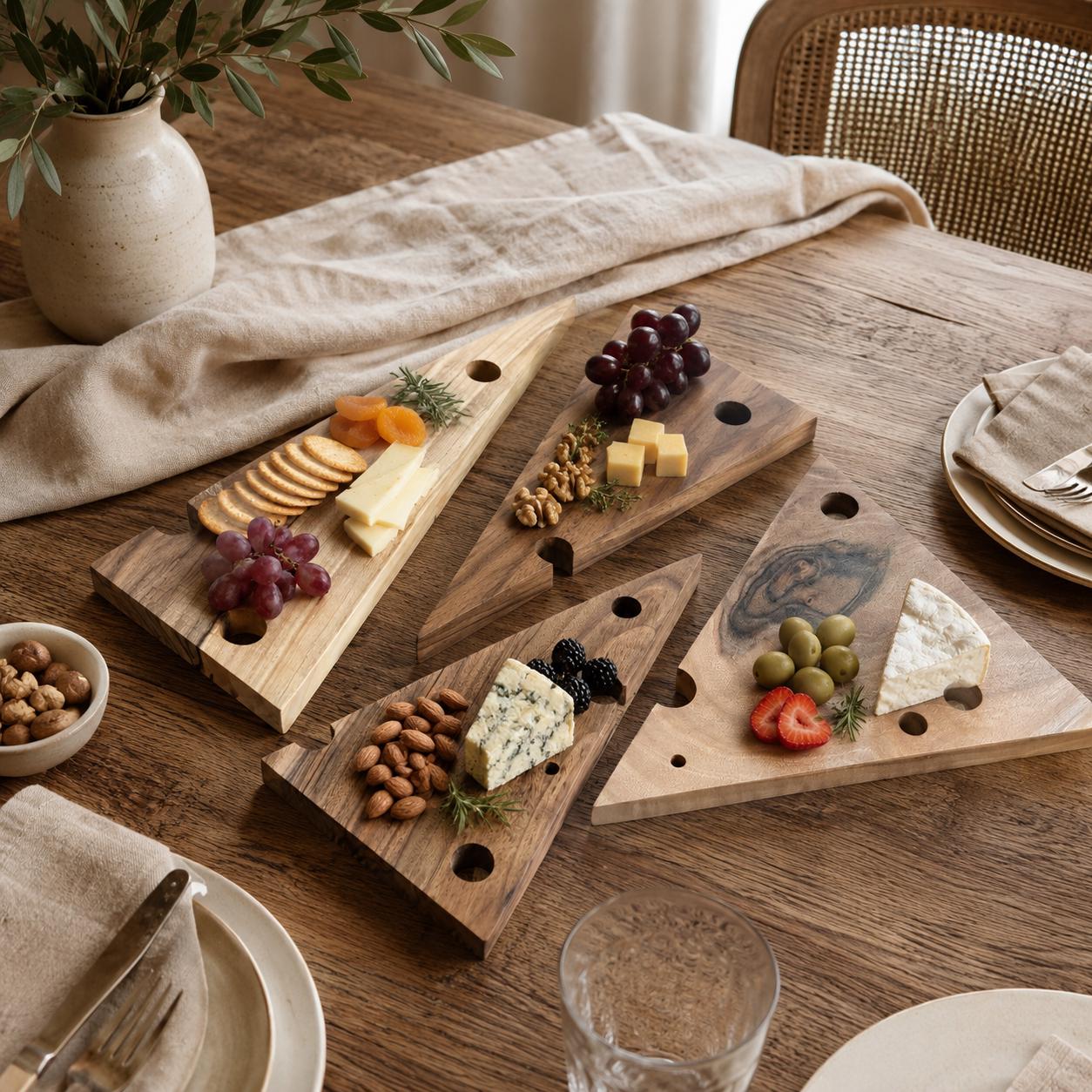 Handmade Walnut Cheese Wedge Serving Boards Set, Rustic Charcuterie Wood (Set of 4)