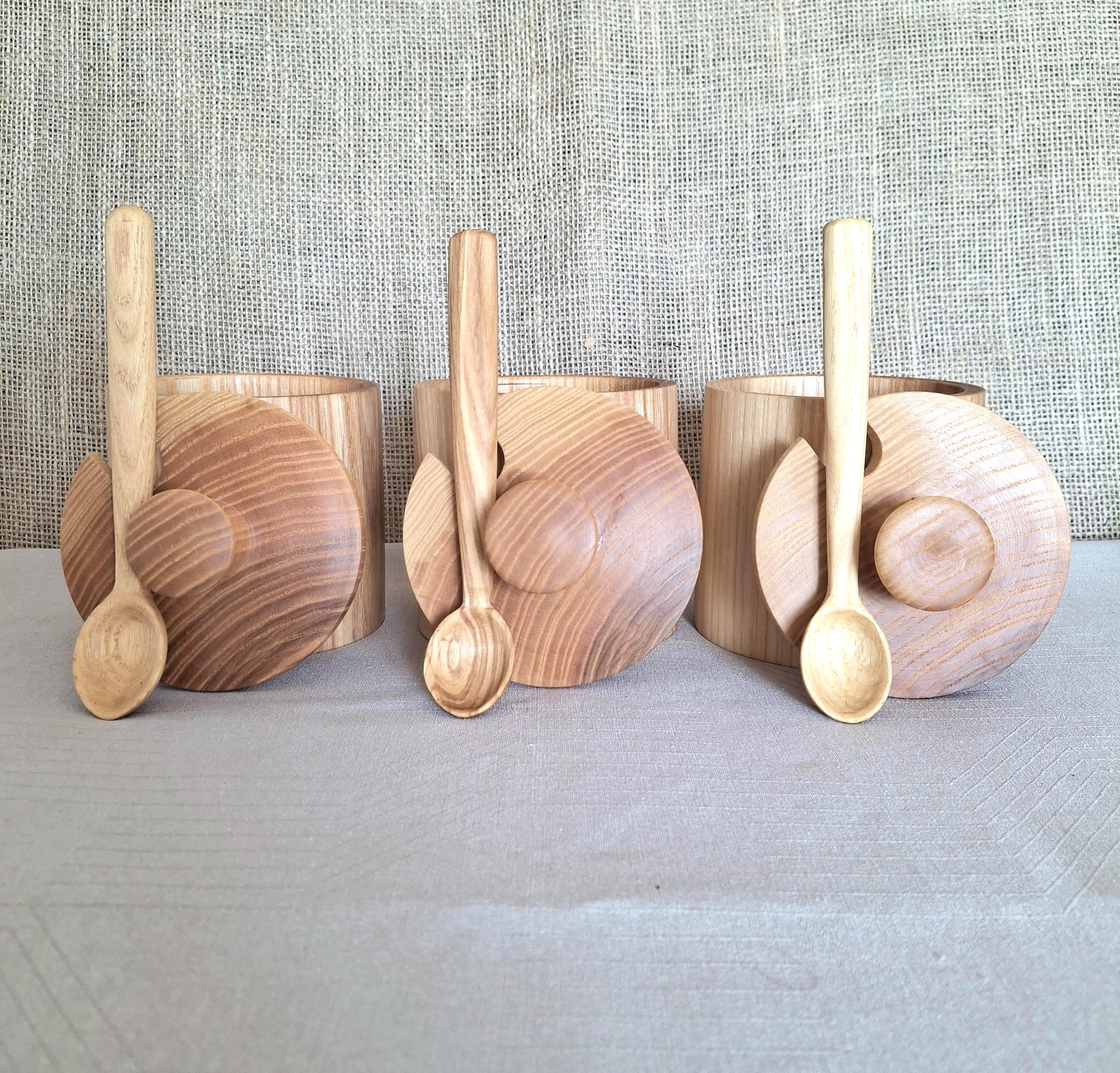 Handmade Wood Spice Jar with Lid and Spoon, Ash Wood Sugar Bowl, Salt Cellars — image 2
