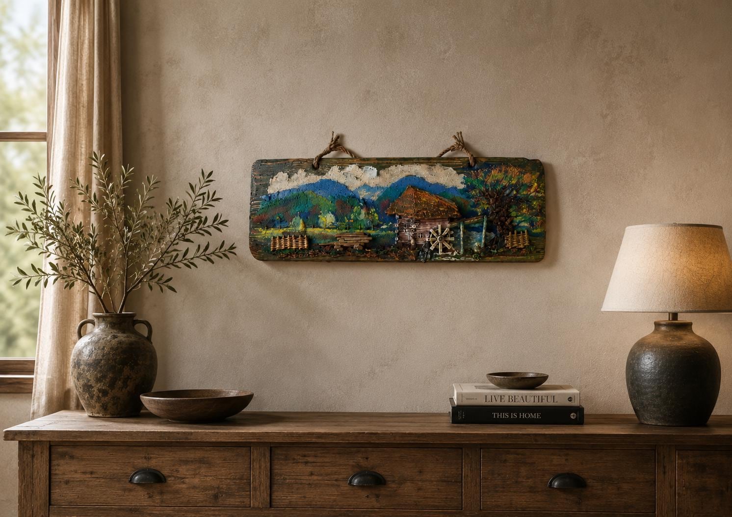 Rustic Countryside Landscape Wood Wall Art, Handmade 3D Wooden Wall Decor
