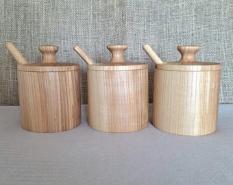 Handmade Wood Spice Jar with Lid and Spoon, Ash Wood Sugar Bowl, Salt Cellars