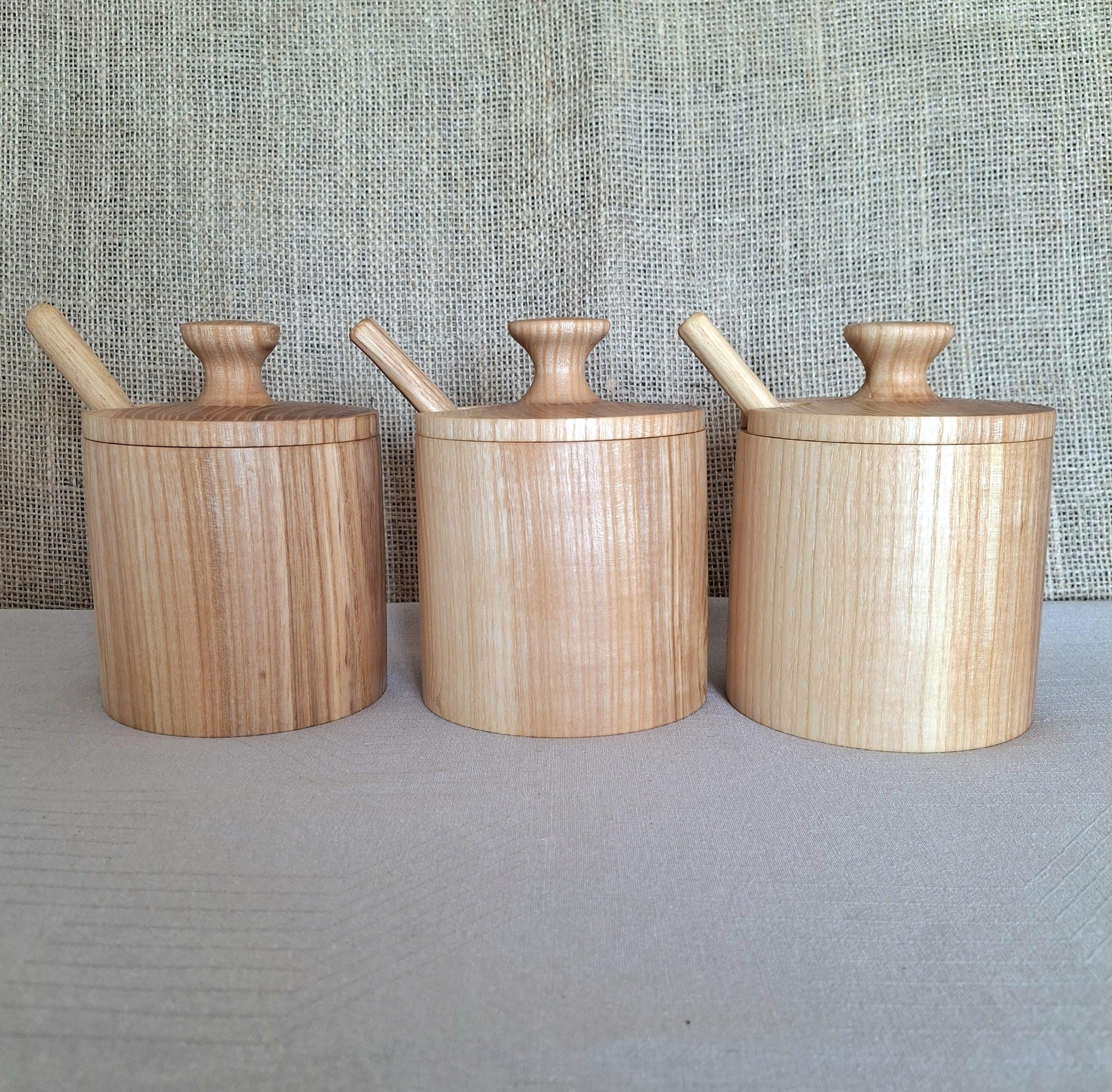 Handmade Wood Spice Jar with Lid and Spoon, Ash Wood Sugar Bowl, Salt Cellars
