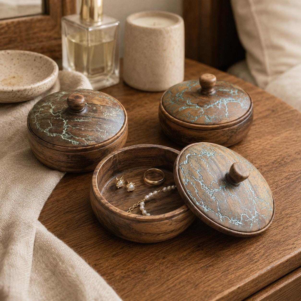 Handmade Wooden Trinket Box, Round Jewelry Keepsake Box, Rustic Bowl with Decorative Lid