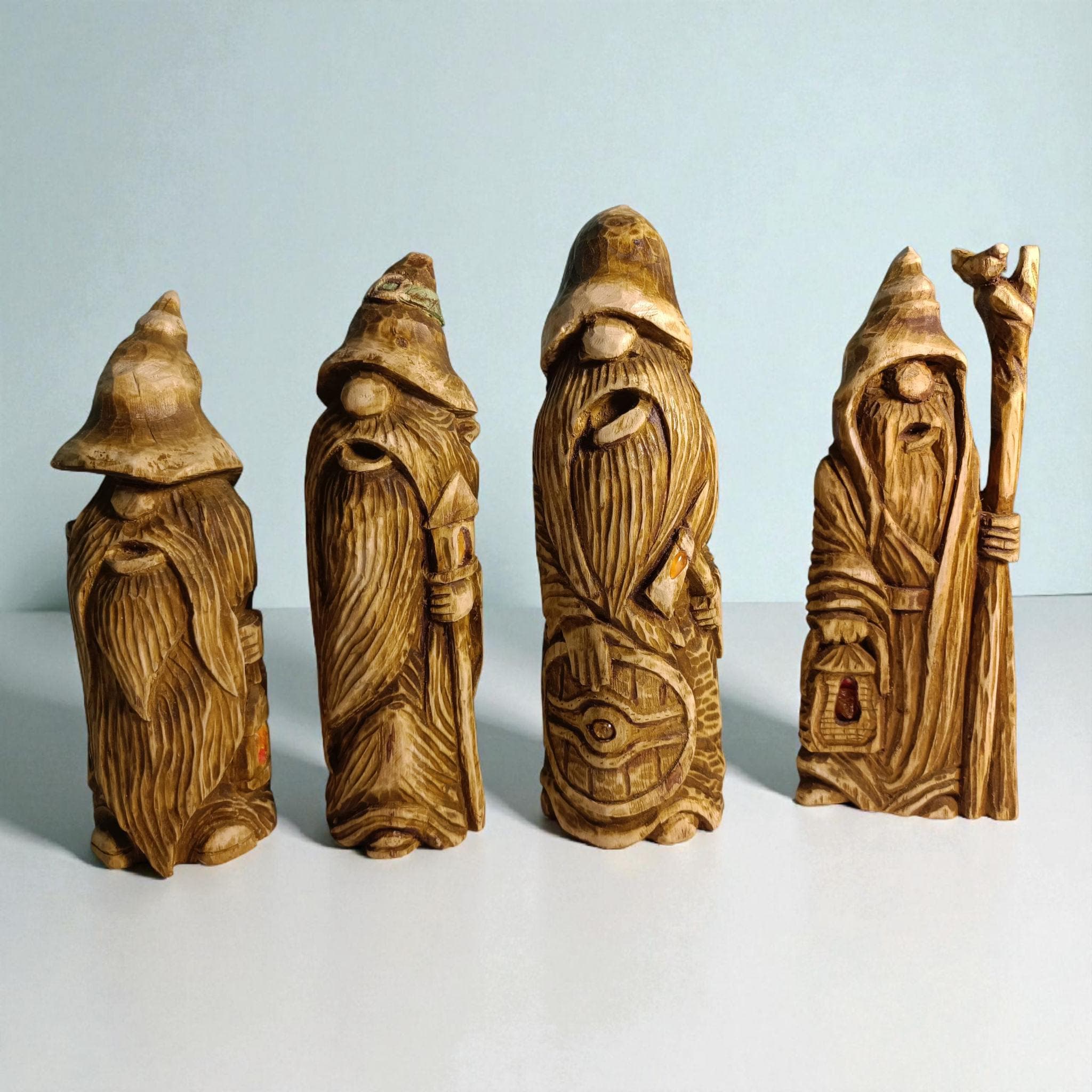 Hand Carved Oak Wood Figurines with Stone Inlay - Shelf Decor 21cm.(8.6in.)