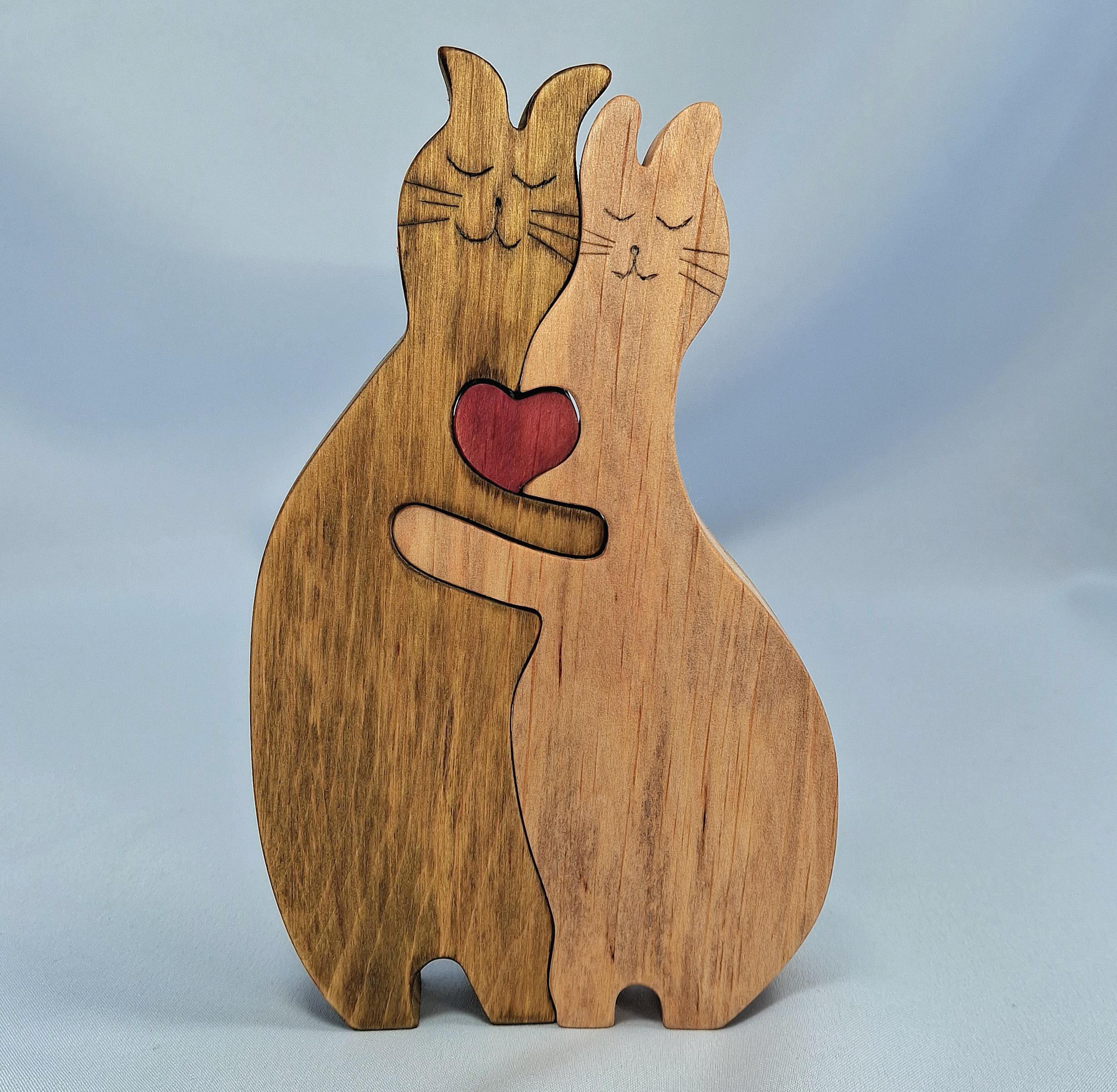 Hand-Carved Wooden Cat Puzzle, Handmade Folk Art Decor, Love Cat Figurines, Valentines Day Gift — image 4