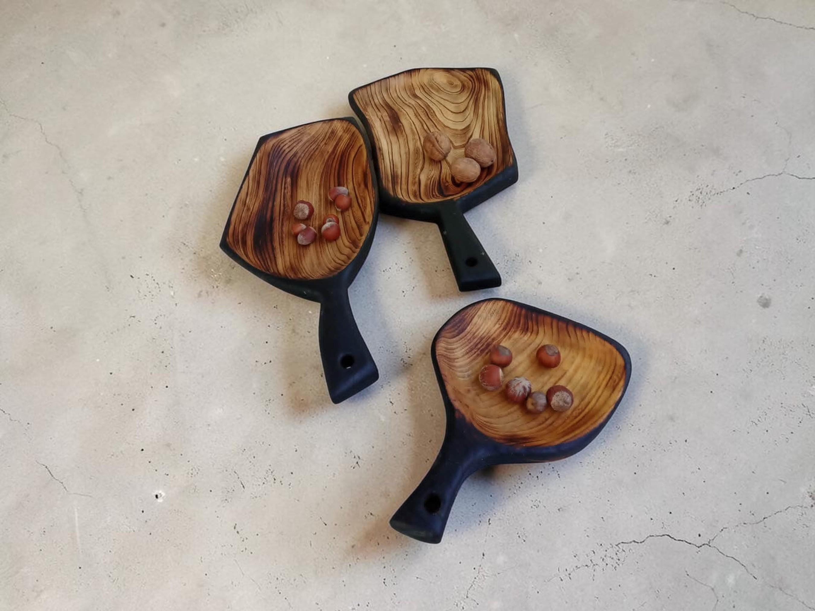 Handcarved Set of Burnt Birch Bark Serving Bowls: Rustic Wood Fruit Dish Set