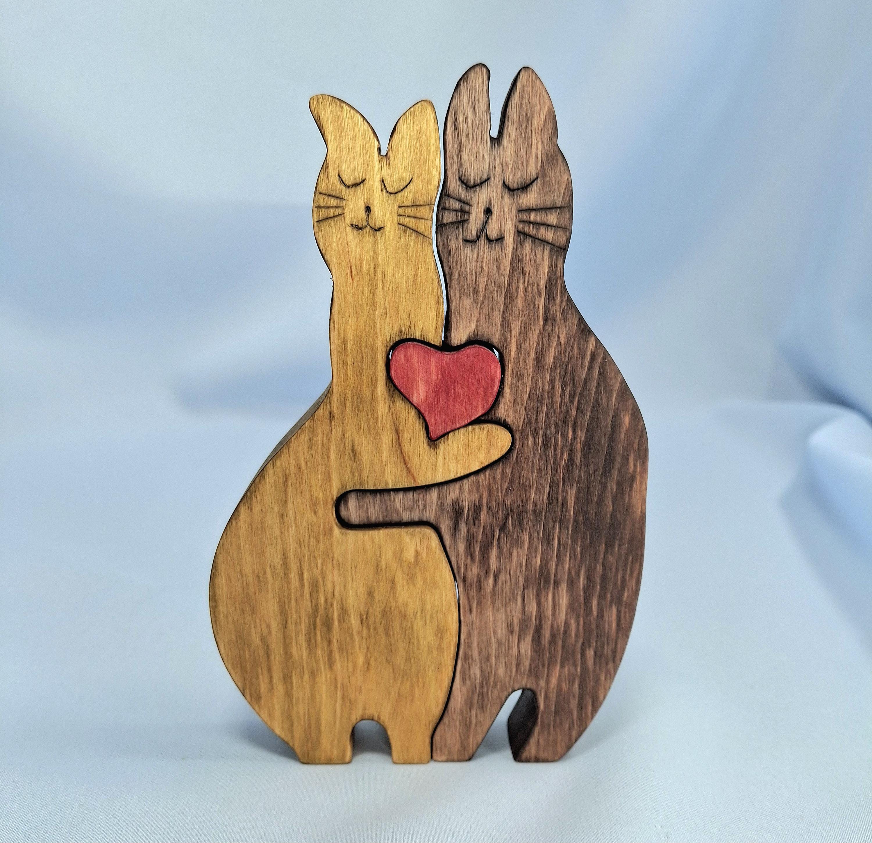 Wooden Cat Figurine, Hand Painted Wood Sculpture, Cat Lover Gift