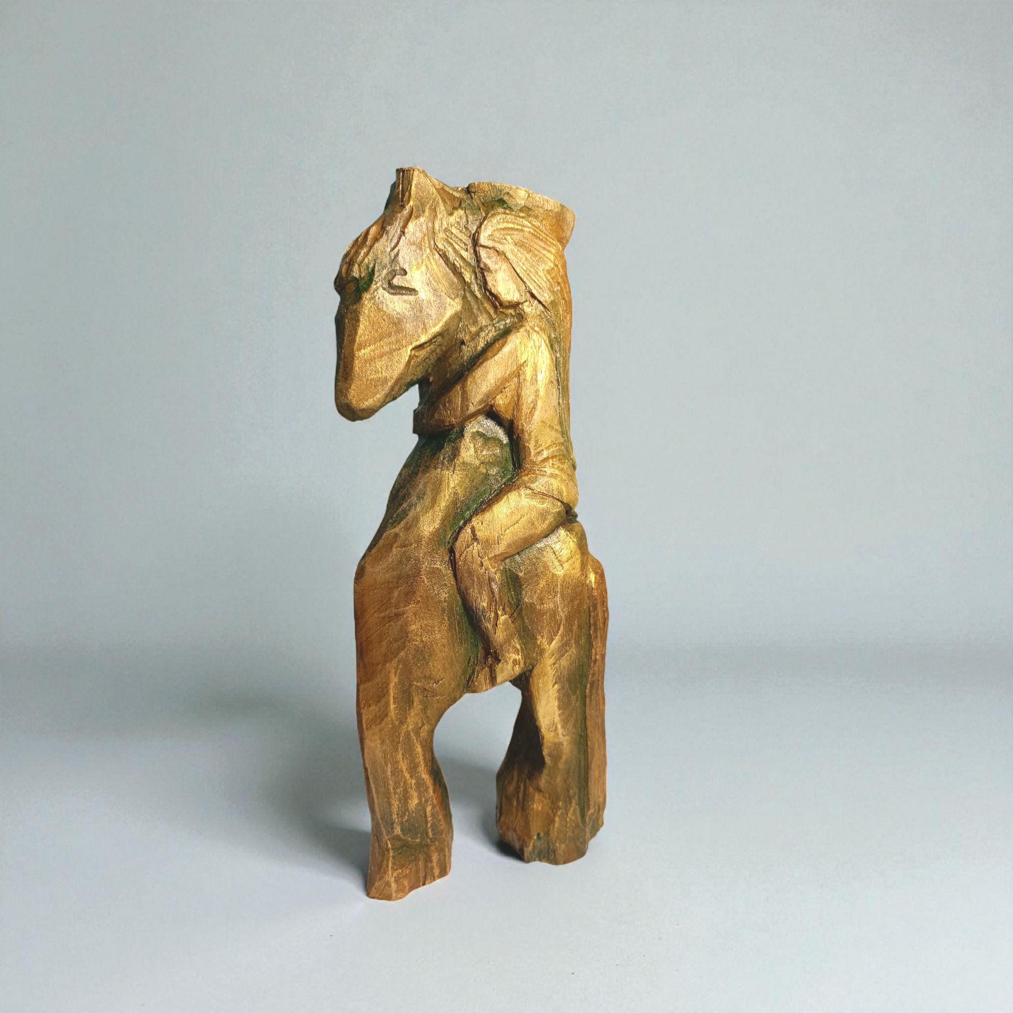 Handmade Wooden Candle Holders - Hand Carved Elm Wood Figurines: Unicorn and girl on a horse — image 9
