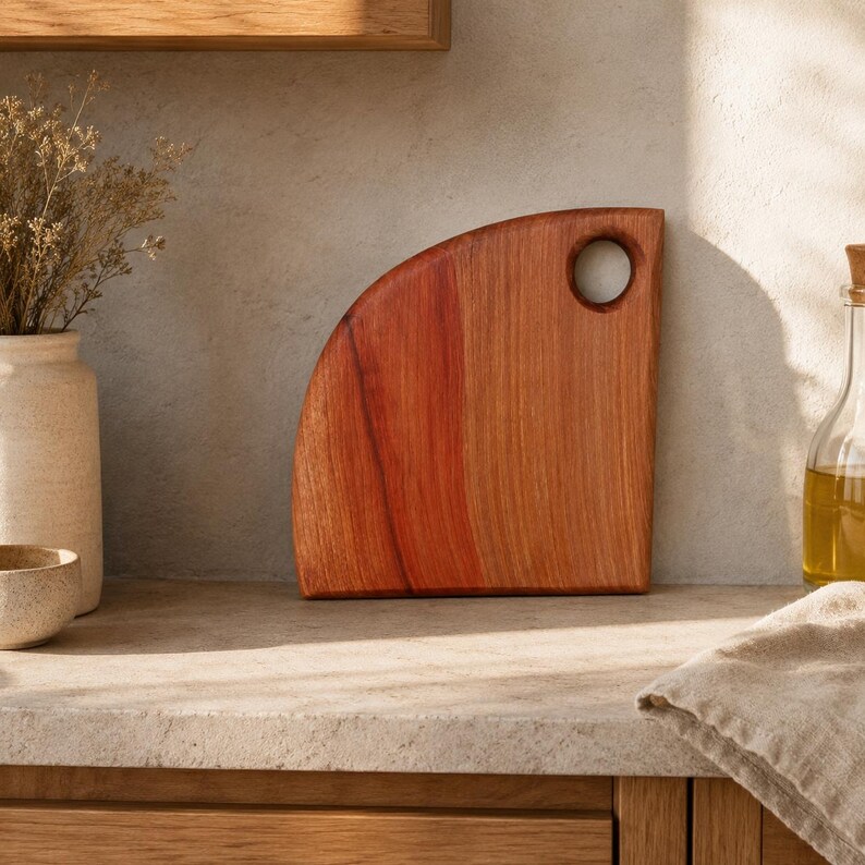 Puede incluir: Una tabla de cortar de madera en forma de cuarto de c&iacute;rculo con una veta suave de color marr&oacute;n rojizo y un orificio circular cerca de la esquina superior derecha para colgarla. La tabla presenta una base plana y un borde superior curvo.