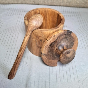 Big Wood Jar with Lid and Spoon, Spice container, Wooden Sugar Bowls, Salt Pig with Lid and Spoon, Handmade Wood Container