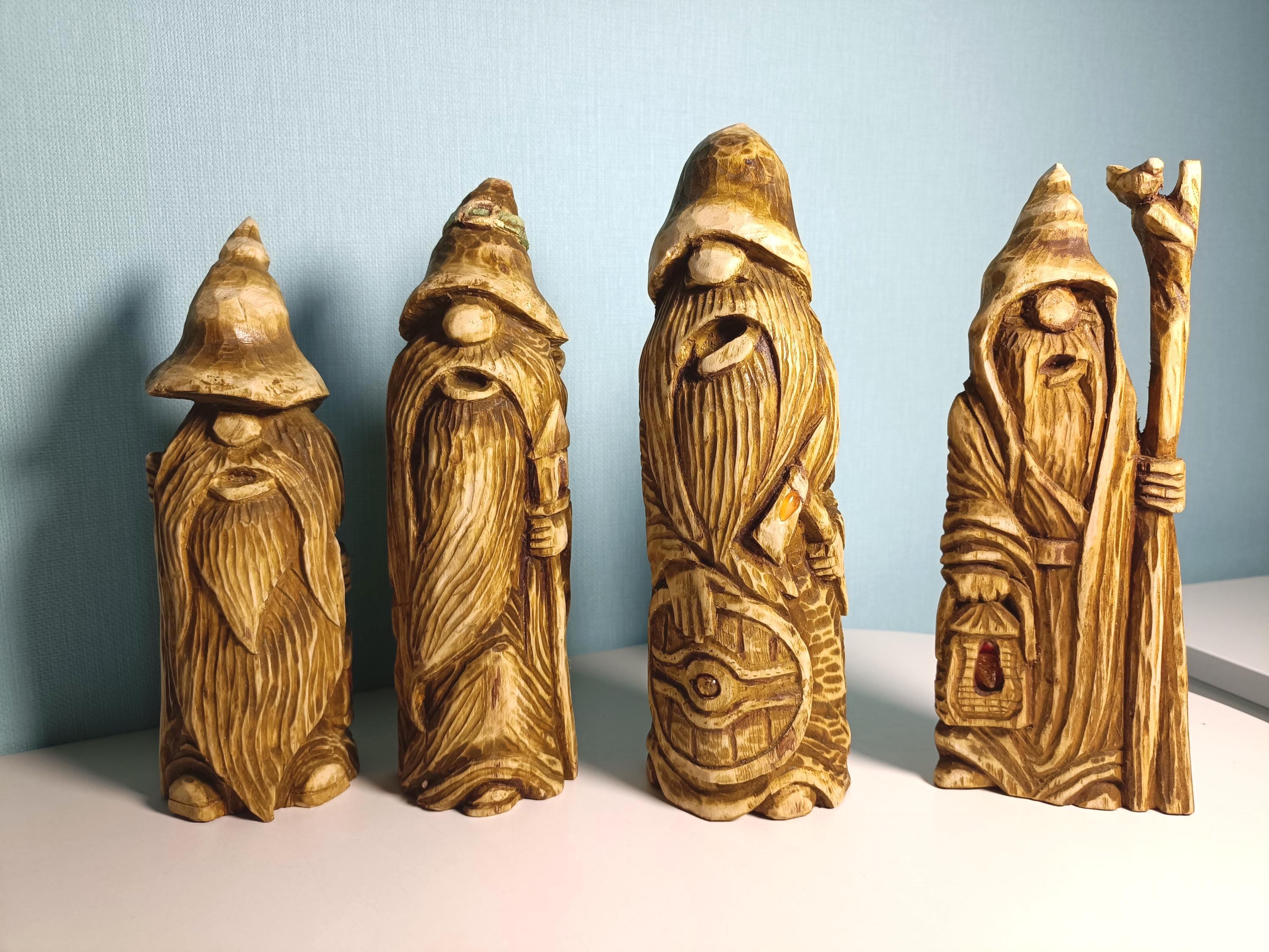 Hand Carved Oak Wood Figurines with Stone Inlay - Shelf Decor 21cm.(8.6in.) — image 2