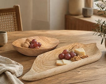 Hand Carved Oak and Elm Wood Rustic Bowl: Wooden Salad, Fruit, Dough Bowl